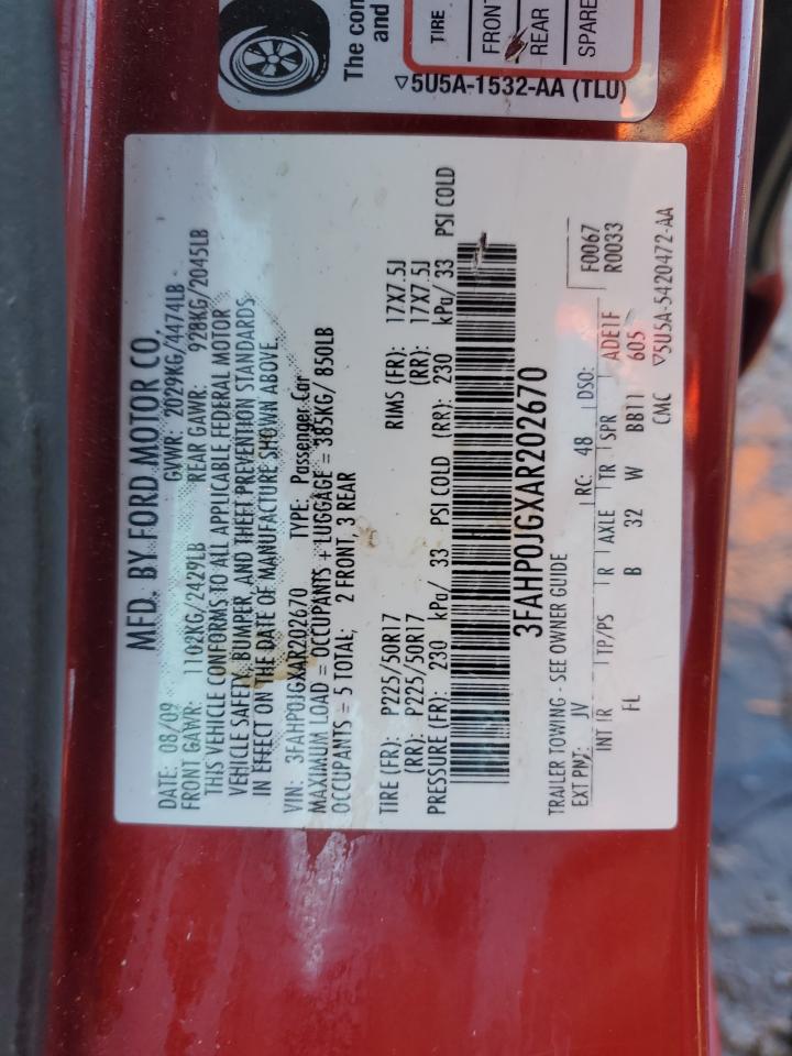 2010 Ford Fusion VIN 3FAHP0JGXAR202670 Copart auction photo, front end damage thumbnail 12
