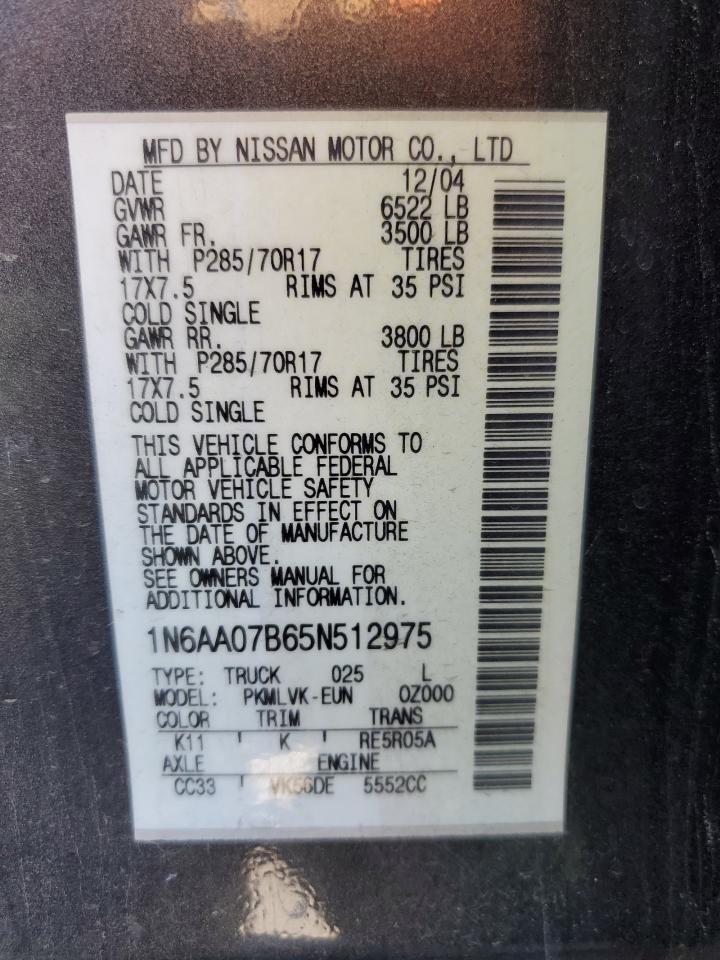 2005 Nissan Titan VIN 1N6AA07B65N512975 Copart auction photo, front end damage thumbnail 13