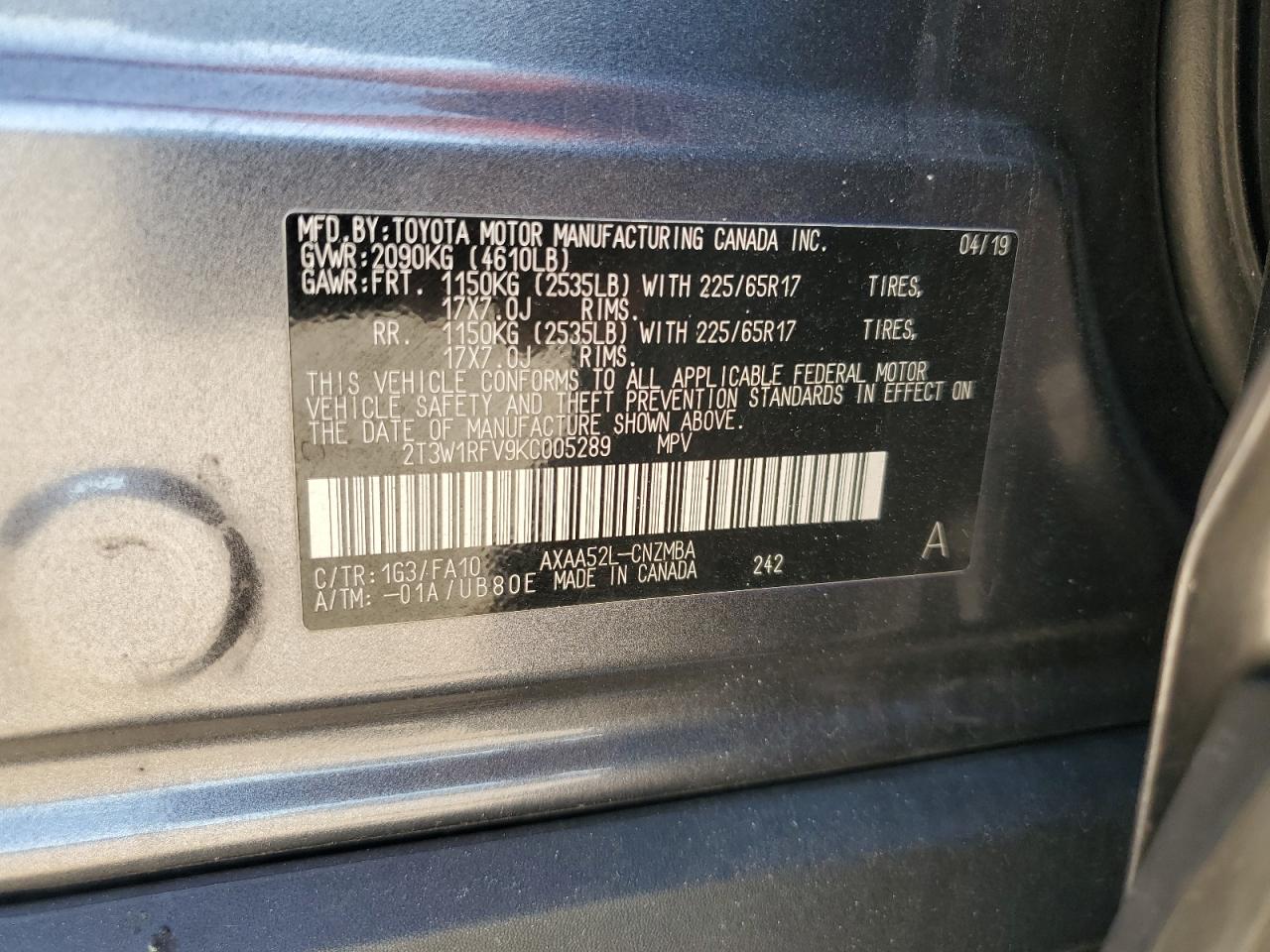 2019 Toyota RAV 4 VIN 2T3W1RFV9KC005289 Copart auction photo, front end damage thumbnail 13