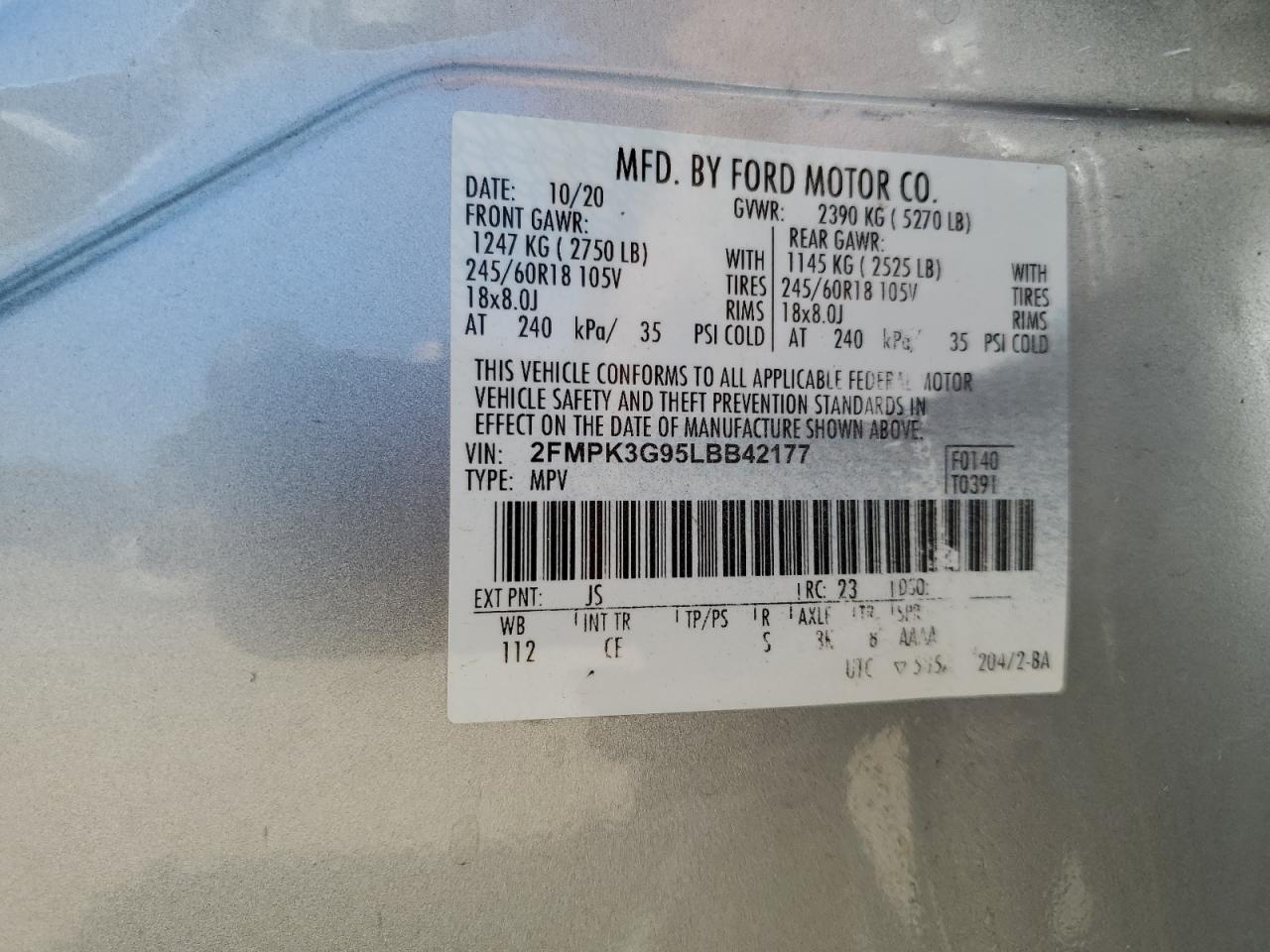 2020 Ford Edge VIN 2FMPK3G95LBB42177 Copart auction photo, side / minor dent/scratches damage thumbnail 13