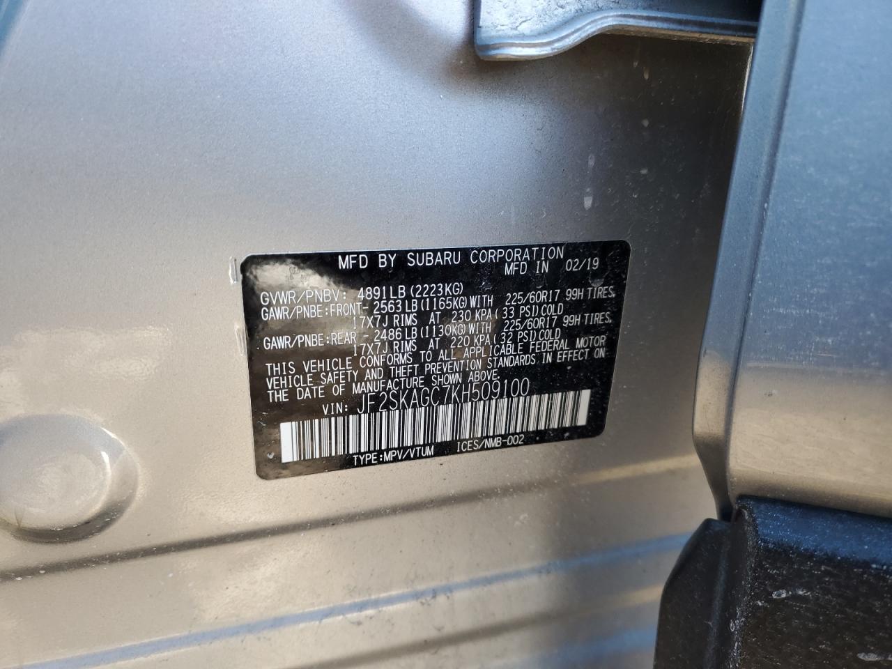 2019 Subaru Forester VIN JF2SKAGC7KH509100 Copart auction photo, front end / side damage thumbnail 13
