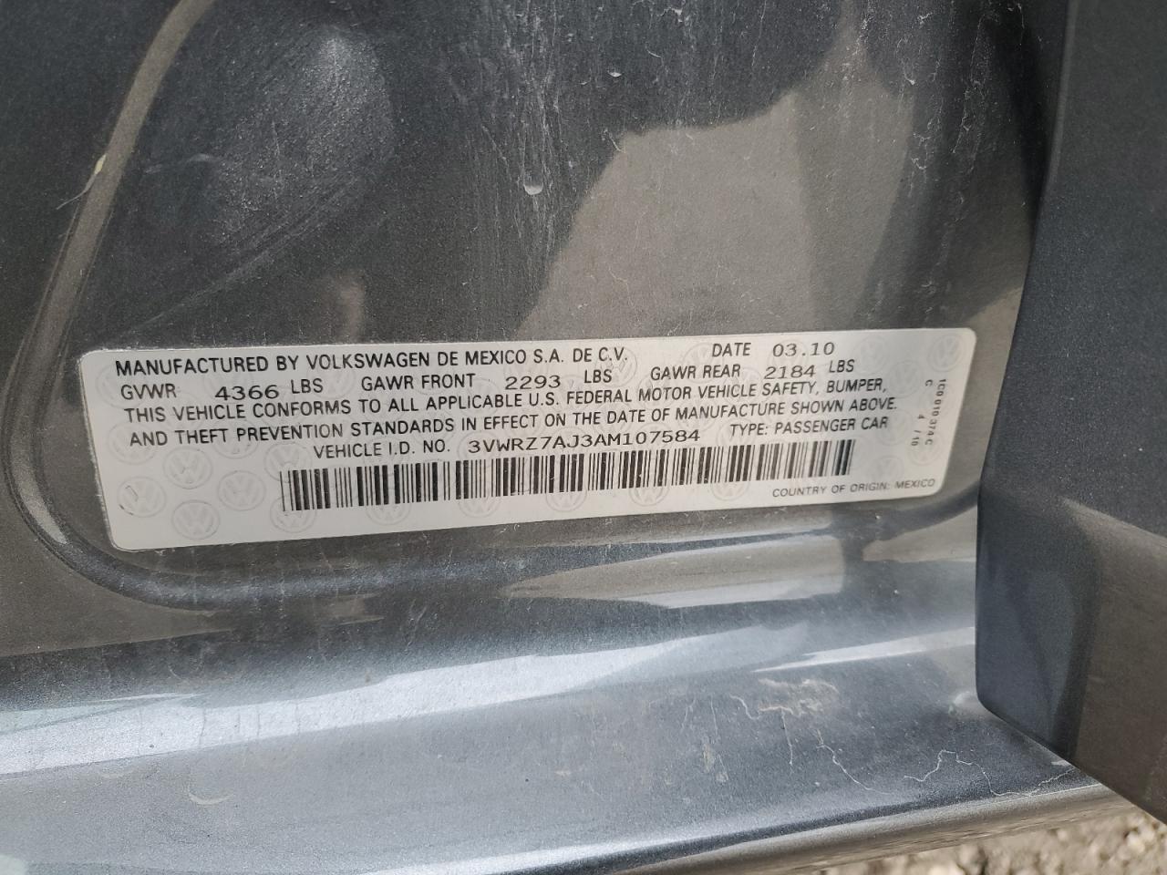 2010 Volkswagen Jetta VIN 3VWRZ7AJ3AM107584 Copart auction photo, mechanical damage thumbnail 12