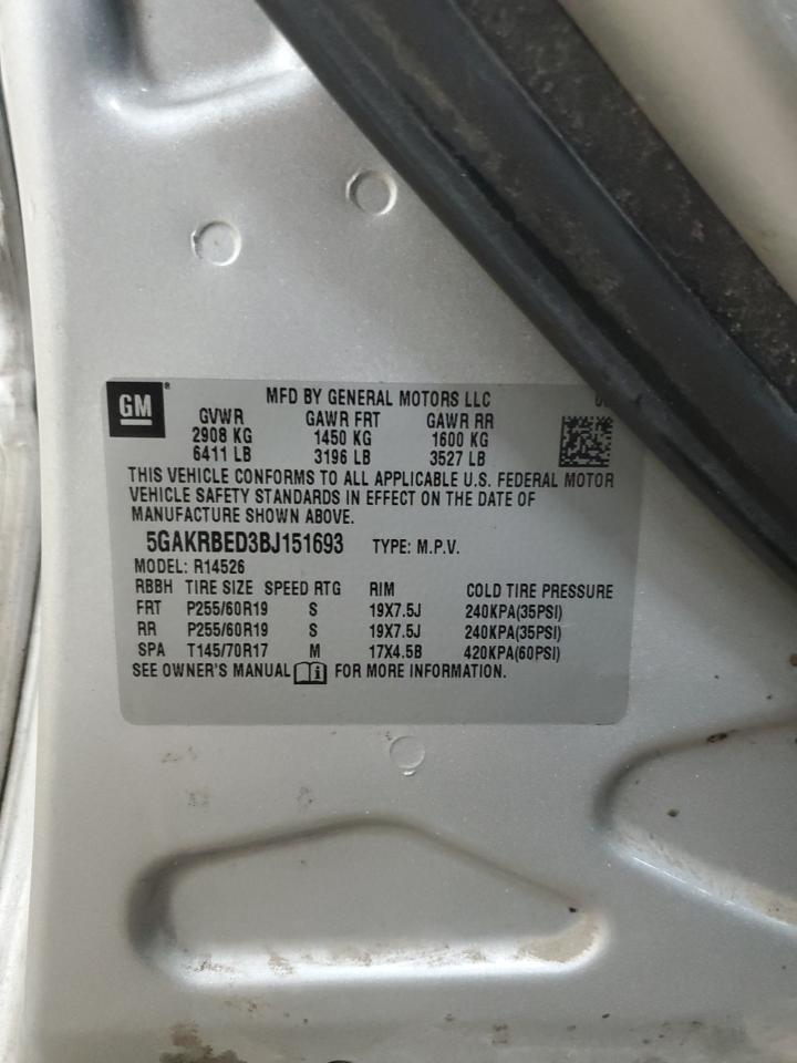 2011 Buick Enclave VIN 5GAKRBED3BJ151693 Copart auction photo, front end / side damage thumbnail 14