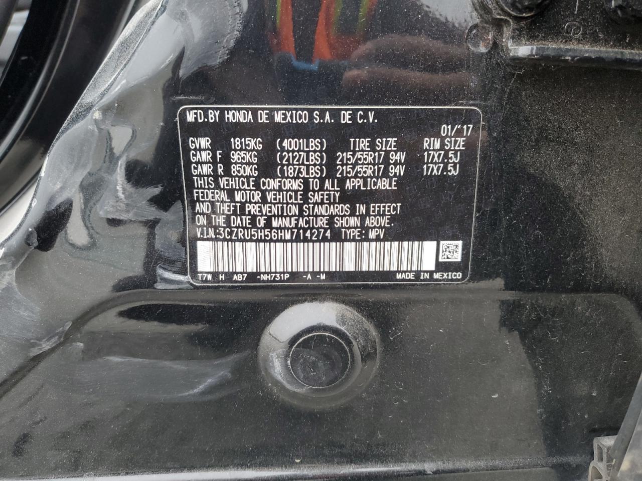2017 Honda HR-V VIN 3CZRU5H56HM714274 Copart auction photo, side / front end damage thumbnail 13