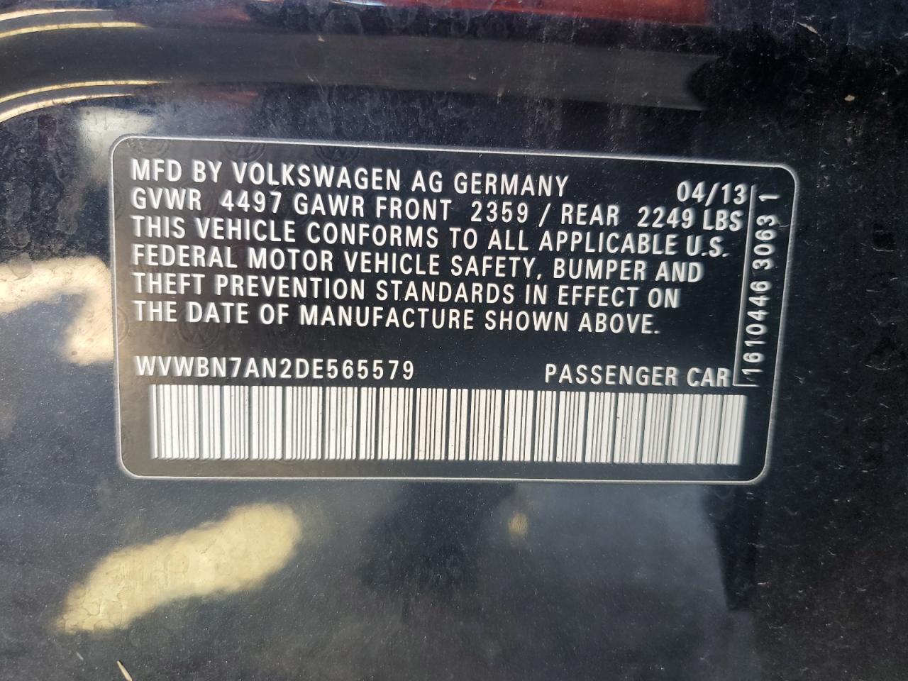 2013 Volkswagen Passat CC VIN WVWBN7AN2DE565579 Copart auction photo, front end damage thumbnail 14