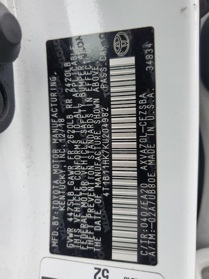 2019 Toyota Camry VIN 4T1B11HK7KU204982 Copart auction photo, front end damage thumbnail 13