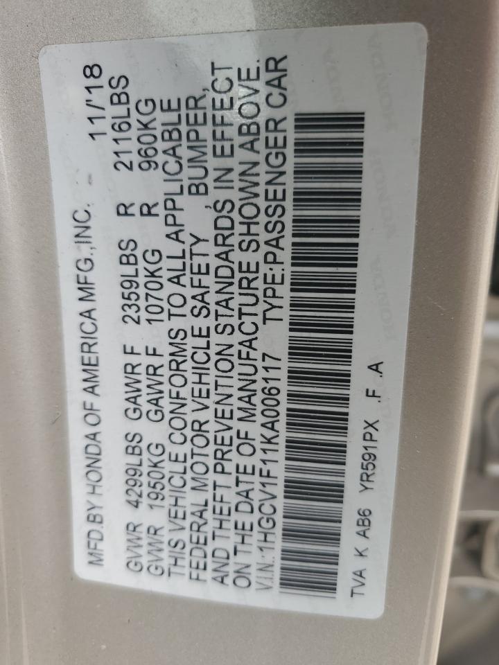 2019 Honda Accord VIN 1HGCV1F11KA006117 Copart auction photo, front end / side damage thumbnail 14