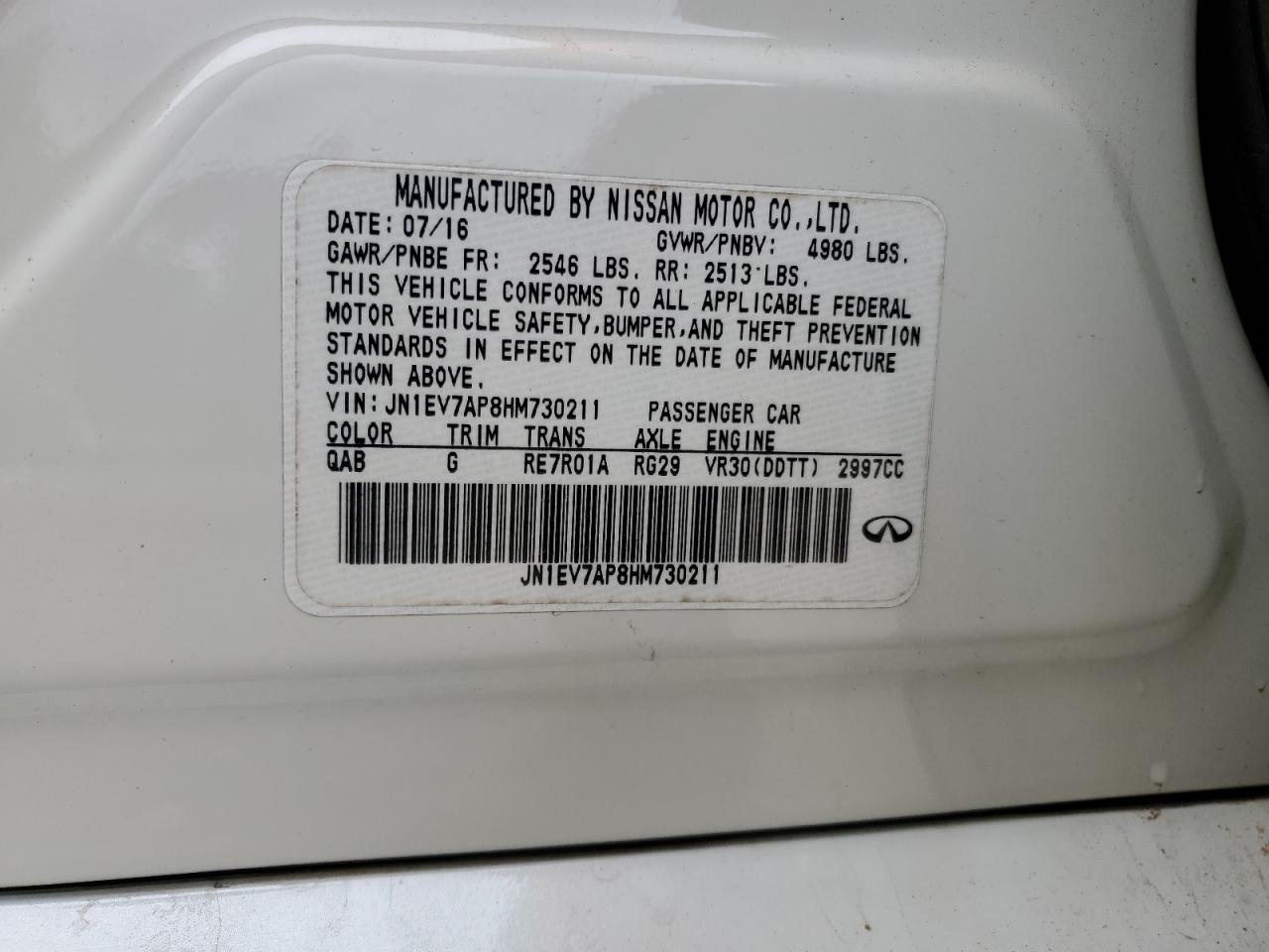 2017 Infiniti Q50 VIN JN1EV7AP8HM730211 Copart auction photo, front end / side damage thumbnail 13
