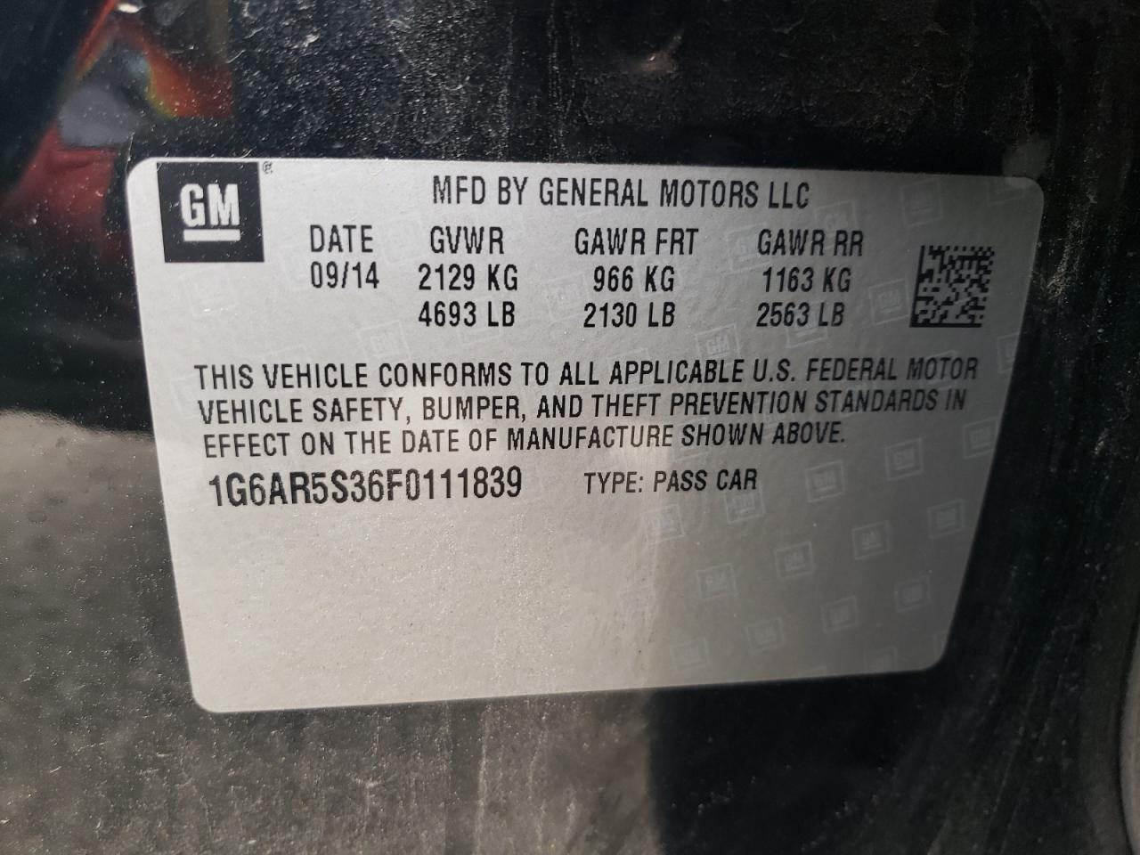2015 Cadillac CTS VIN 1G6AR5S36F0111839 Copart auction photo, side damage thumbnail 13
