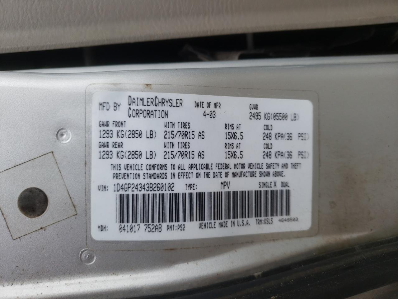 2003 Dodge Caravan VIN 1D4GP24343B260102 Copart auction photo, rear end / side damage thumbnail 10