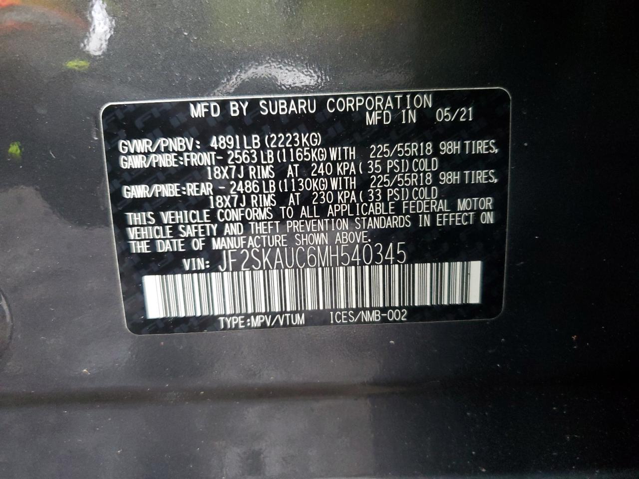 2021 Subaru Forester VIN JF2SKAUC6MH540345 Copart auction photo, front end damage thumbnail 13