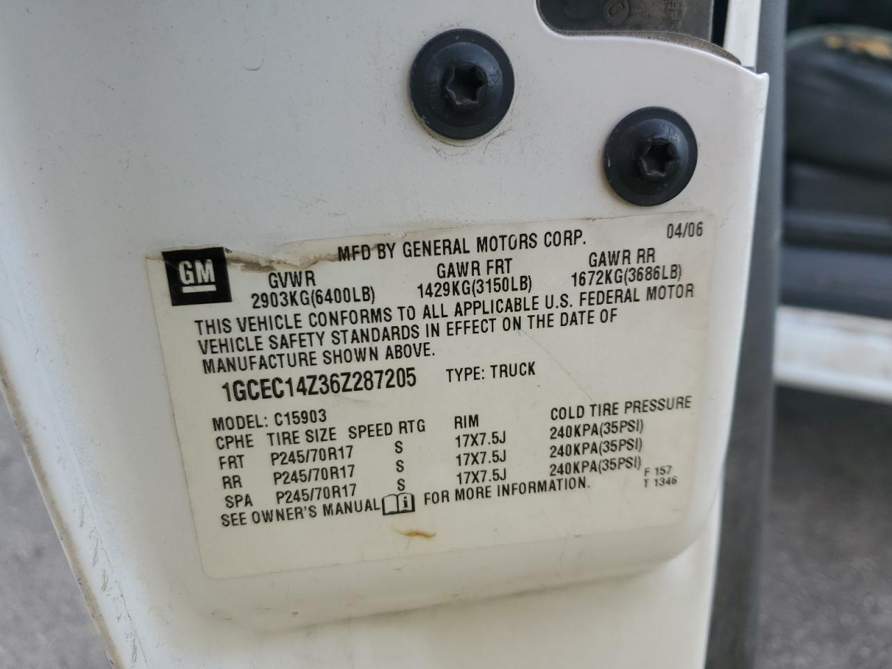 2006 Chevrolet Silverado VIN 1GCEC14Z36Z287205 Copart auction photo, side damage thumbnail 14
