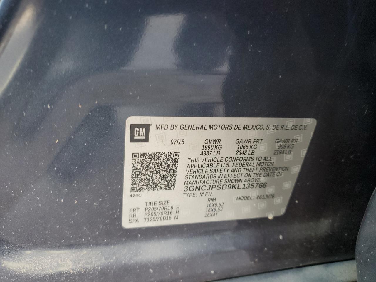 2019 Chevrolet Trax VIN 3GNCJPSB9KL135766 Copart auction photo, water/flood damage thumbnail 13