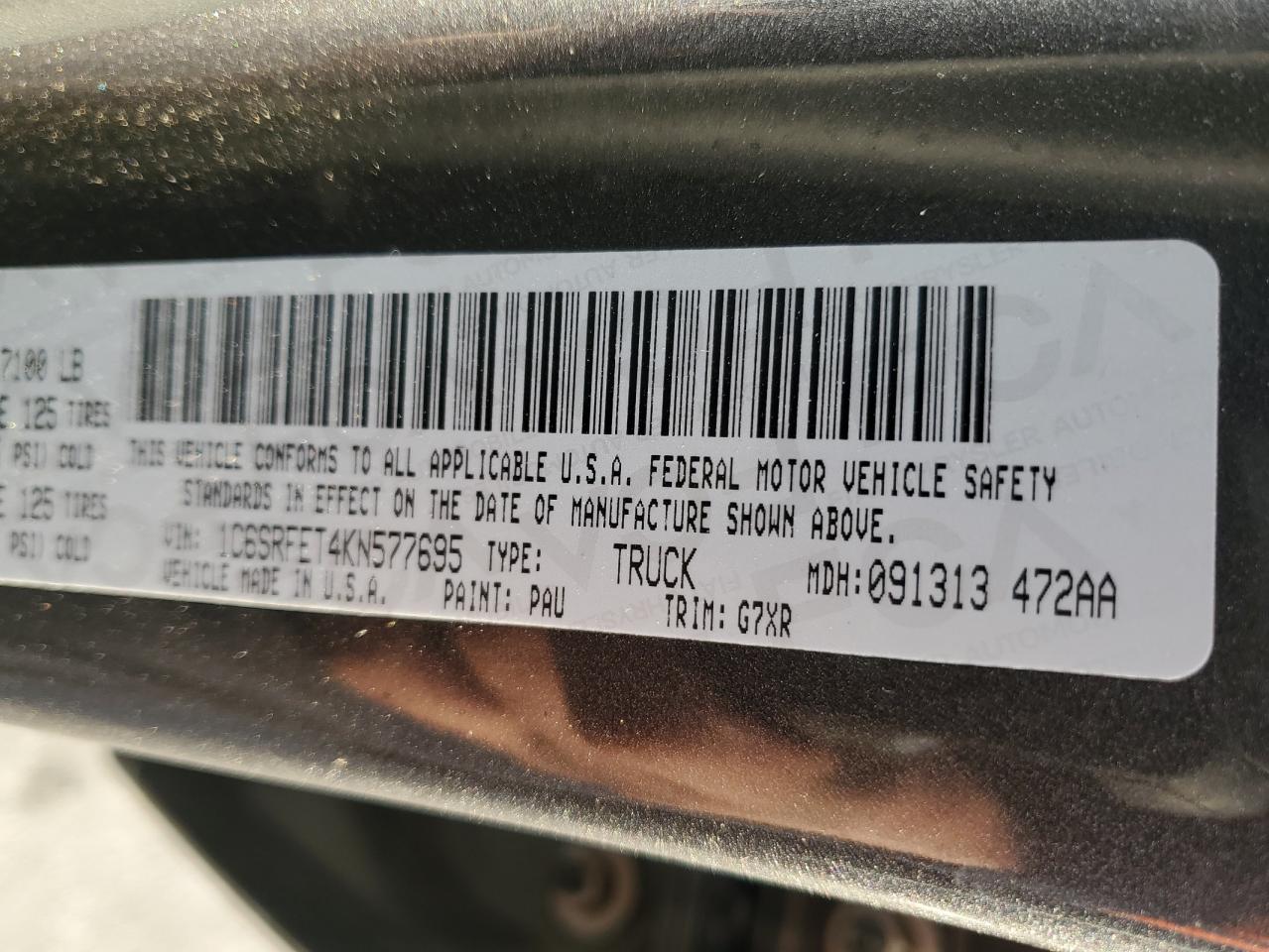 2019 RAM 1500 VIN 1C6SRFET4KN577695 Copart auction photo, side damage thumbnail 12
