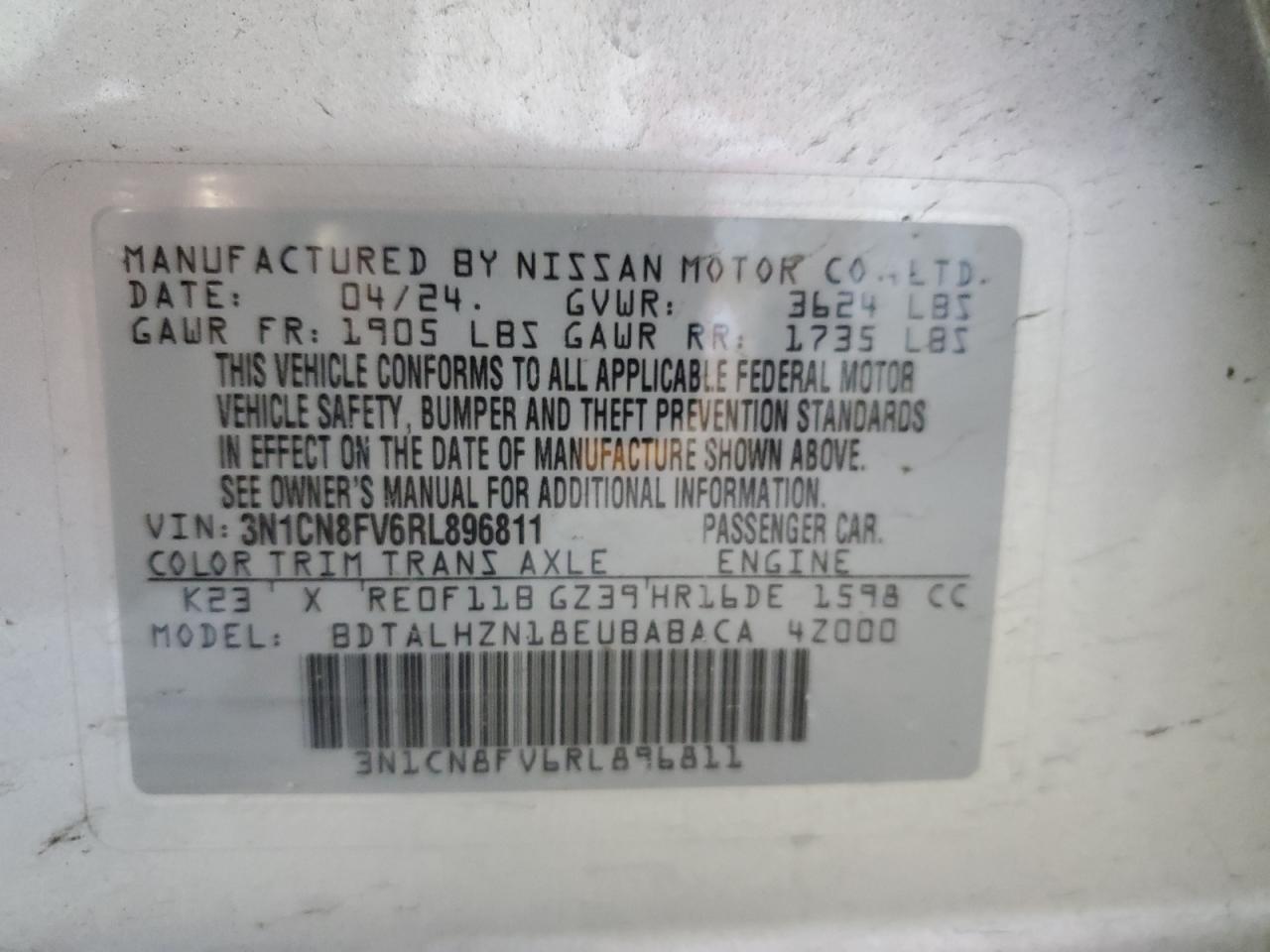 2024 Nissan Versa VIN 3N1CN8FV6RL896811 Copart auction photo, rear end / frame damage damage thumbnail 12