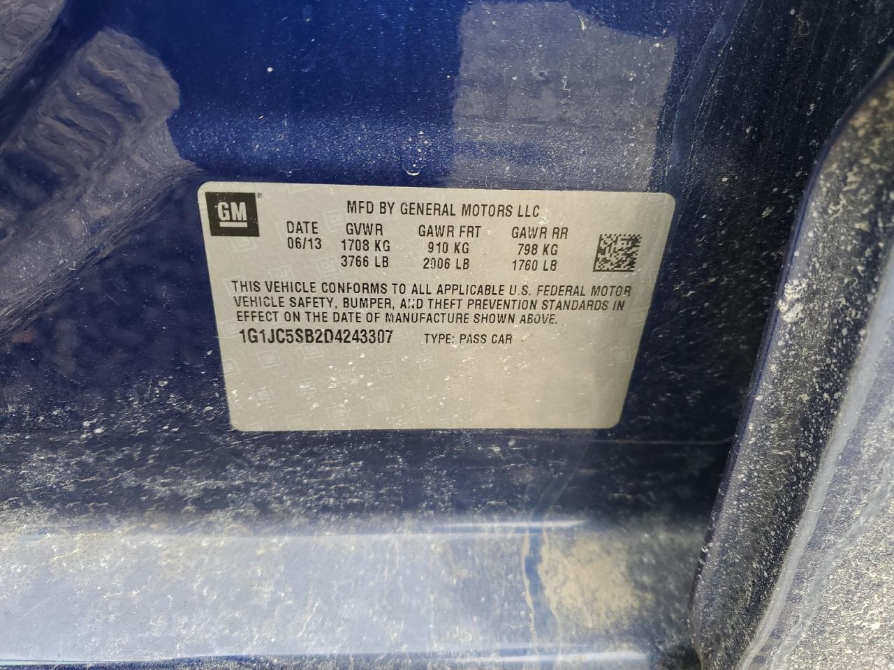 2013 Chevrolet Sonic VIN 1G1JC5SB2D4243307 Copart auction photo, front end damage thumbnail 14