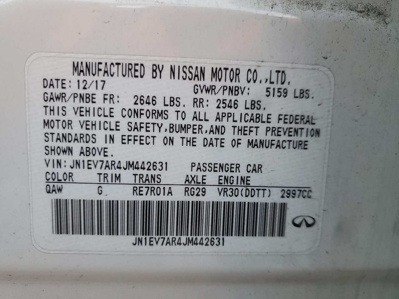 2018 Infiniti Q50 VIN JN1EV7AR4JM442631 Copart auction photo, front end / minor dent/scratches damage thumbnail 14