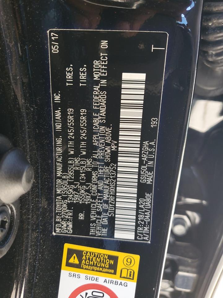 2017 Toyota Highlander VIN 5TDYZRFHXHS213752 Copart auction photo, front end damage thumbnail 12