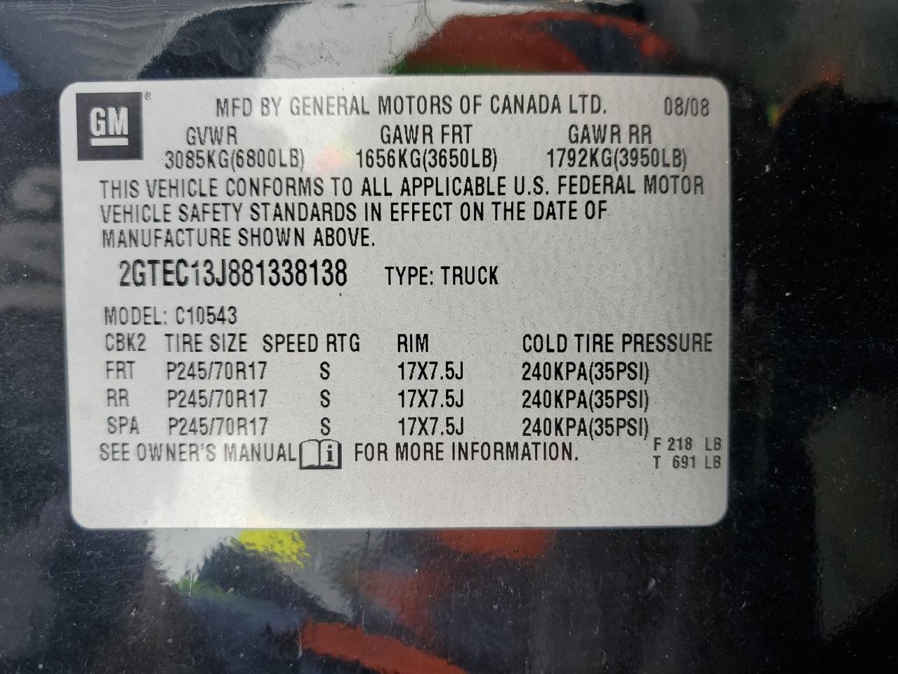 2008 GMC Sierra VIN 2GTEC13J881338138 Copart auction photo, front end damage thumbnail 13