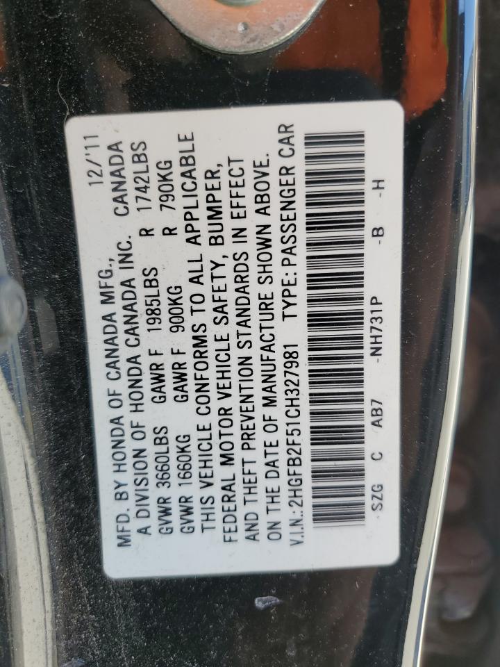 2012 Honda Civic VIN 2HGFB2F51CH327981 Copart auction photo, rollover / minor dent/scratches damage thumbnail 12