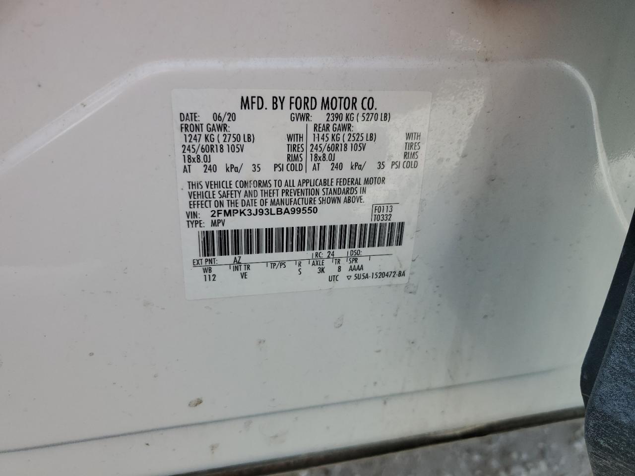 2020 Ford Edge VIN 2FMPK3J93LBA99550 Copart auction photo, front end / rear end damage thumbnail 13