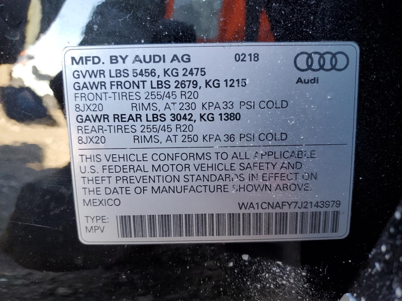 2018 Audi Q5 VIN WA1CNAFY7J2143979 Copart auction photo, front end / minor dent/scratches damage thumbnail 14