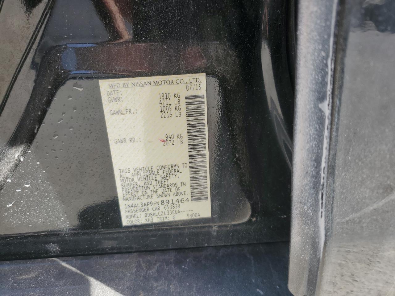 2015 Nissan Altima VIN 1N4AL3AP9FN891464 Copart auction photo, rear end / minor dent/scratches damage thumbnail 12