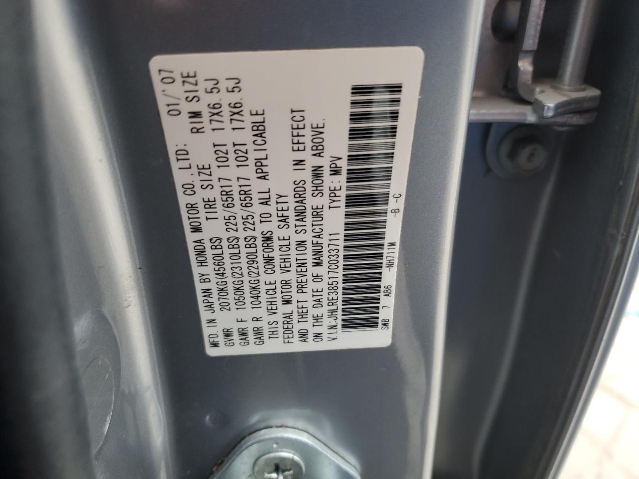 2007 Honda CR-V VIN JHLRE38517C033711 Copart auction photo, all over damage thumbnail 14