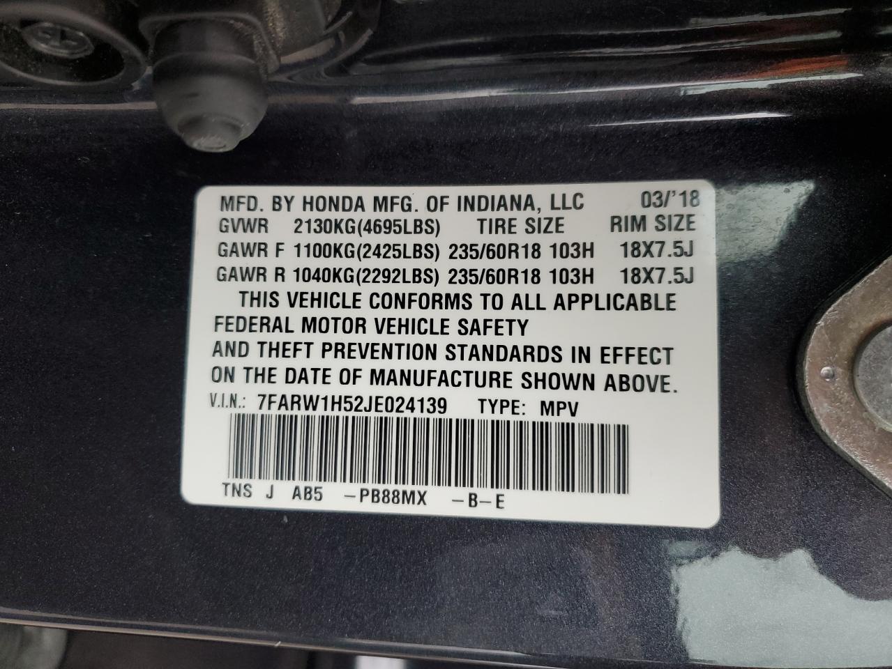 2018 Honda CR-V VIN 7FARW1H52JE024139 Copart auction photo, front end / rear end damage thumbnail 13