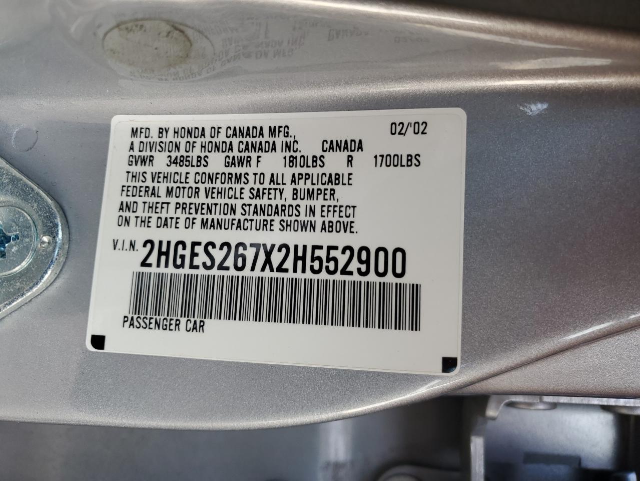 2002 Honda Civic VIN 2HGES267X2H552900 Copart auction photo, front end / side damage thumbnail 12