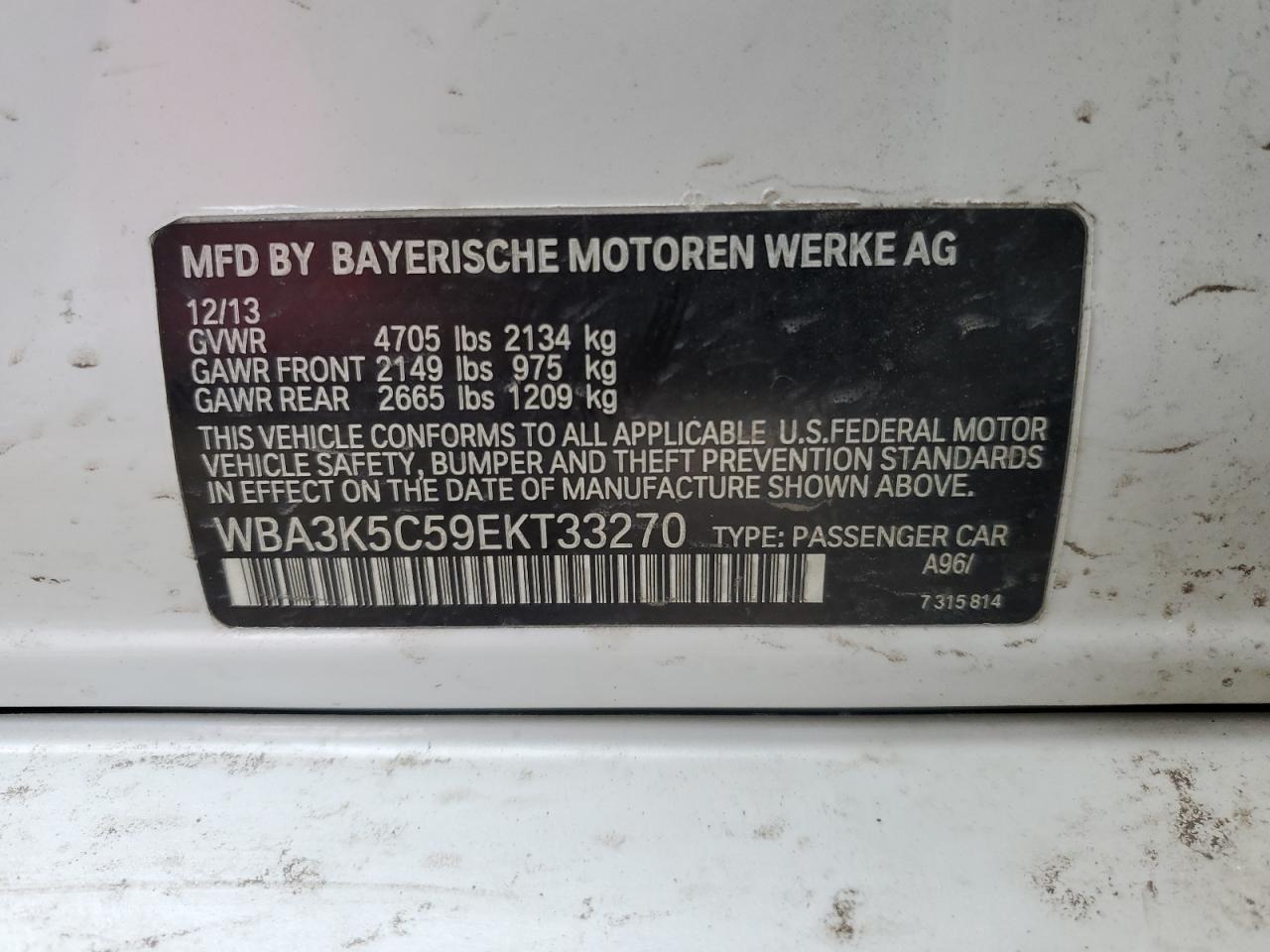 2014 BMW 3er VIN WBA3K5C59EKT33270 Copart auction photo, front end damage thumbnail 14