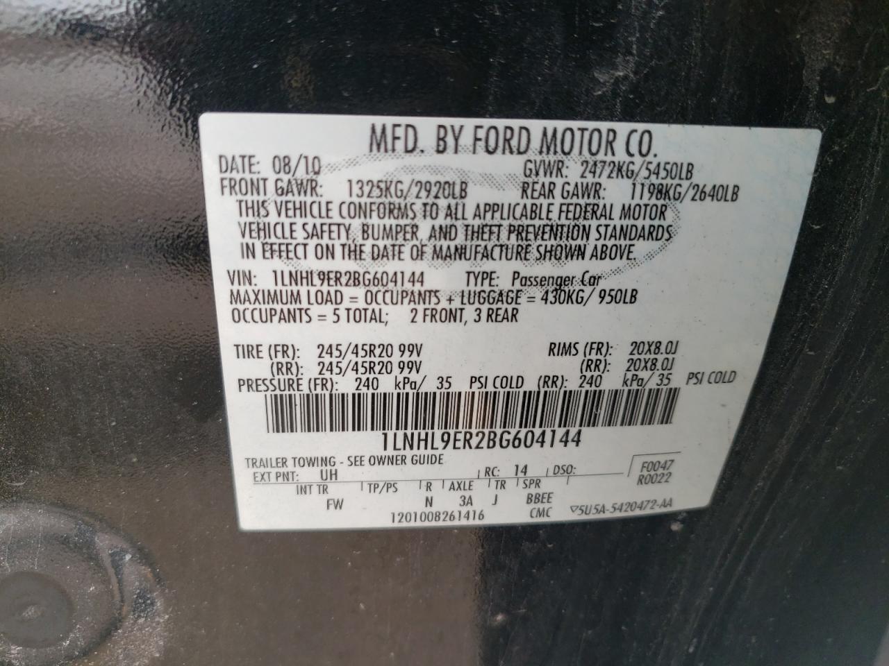 2011 Lincoln MKS VIN 1LNHL9ER2BG604144 Copart auction photo, side / undercarriage damage thumbnail 12