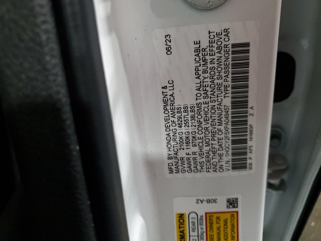 2023 Honda Accord VIN 1HGCY2F5XPA049457 Copart auction photo, rear end damage thumbnail 14