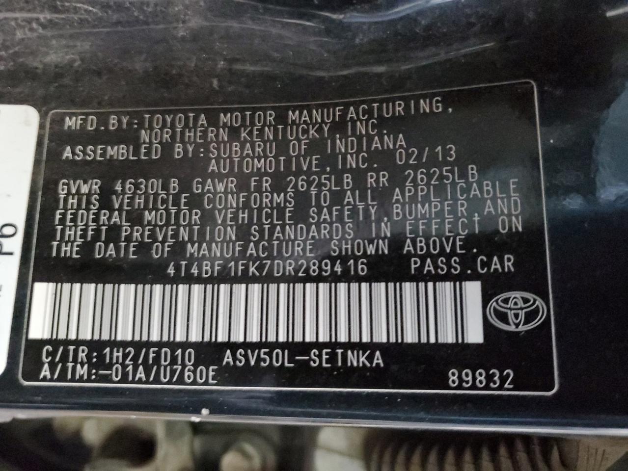 2013 Toyota Camry VIN 4T4BF1FK7DR289416 Copart auction photo, front end / side damage thumbnail 12