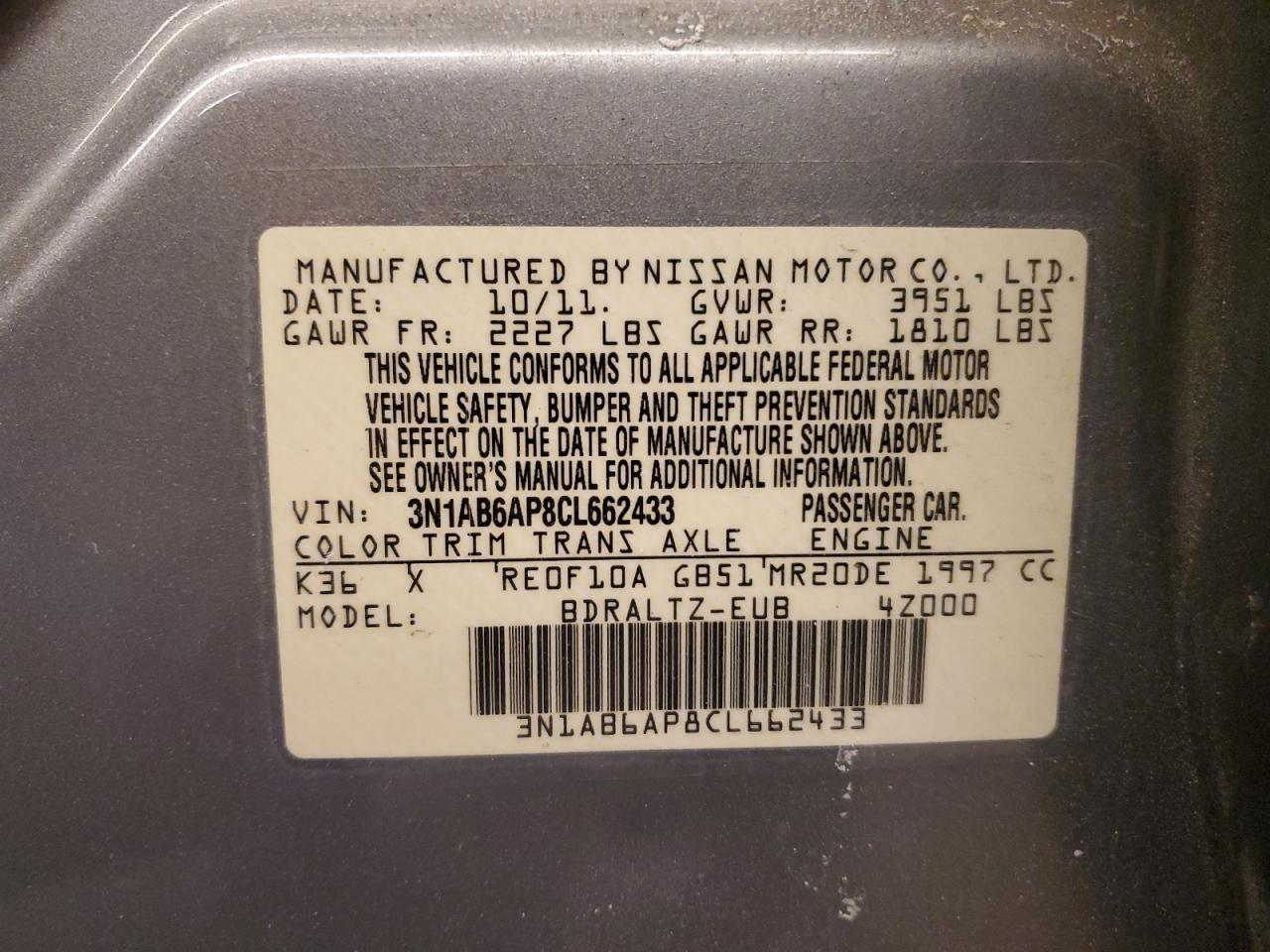 2012 Nissan Sentra VIN 3N1AB6AP8CL662433 Copart auction photo, rear end / front end damage thumbnail 12