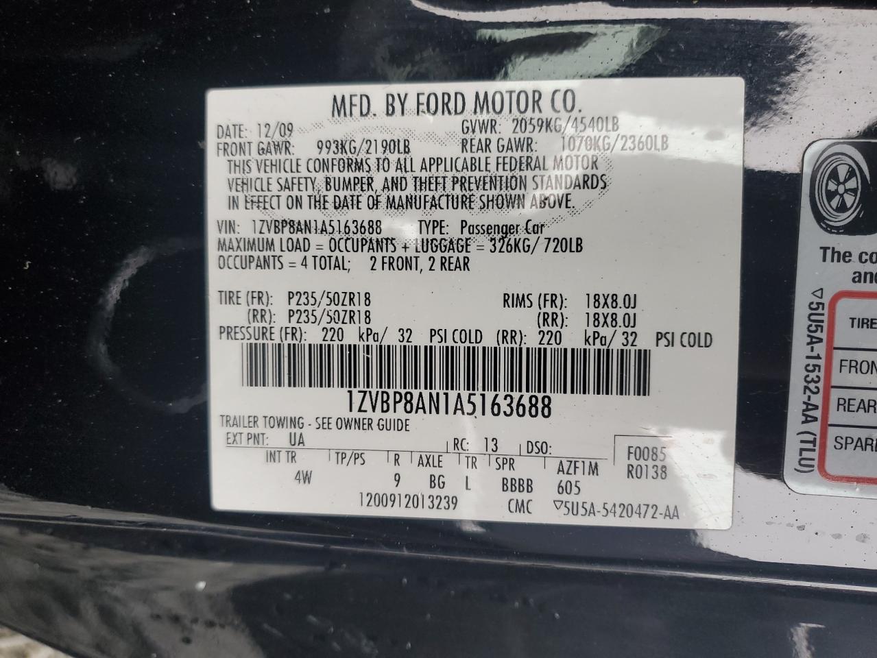 2010 Ford Mustang VIN 1ZVBP8AN1A5163688 Copart auction photo, all over damage thumbnail 15