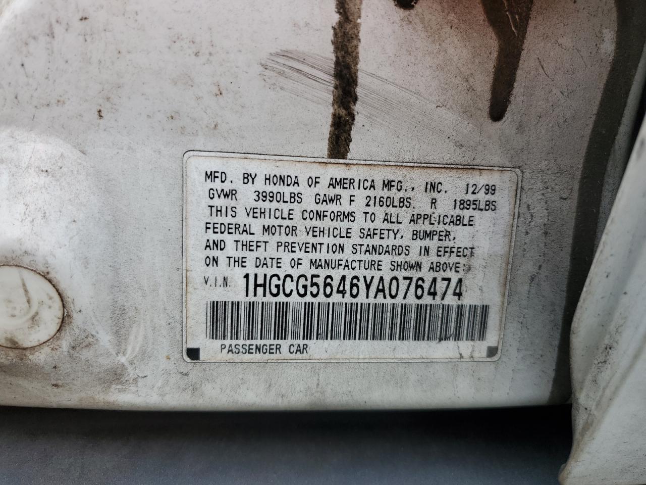 2000 Honda Accord VIN 1HGCG5646YA076474 Copart auction photo, rear end / front end damage thumbnail 12