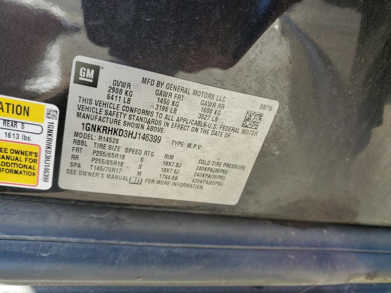 2017 Chevrolet Traverse VIN 1GNKRHKD3HJ146399 Copart auction photo, front end damage thumbnail 13