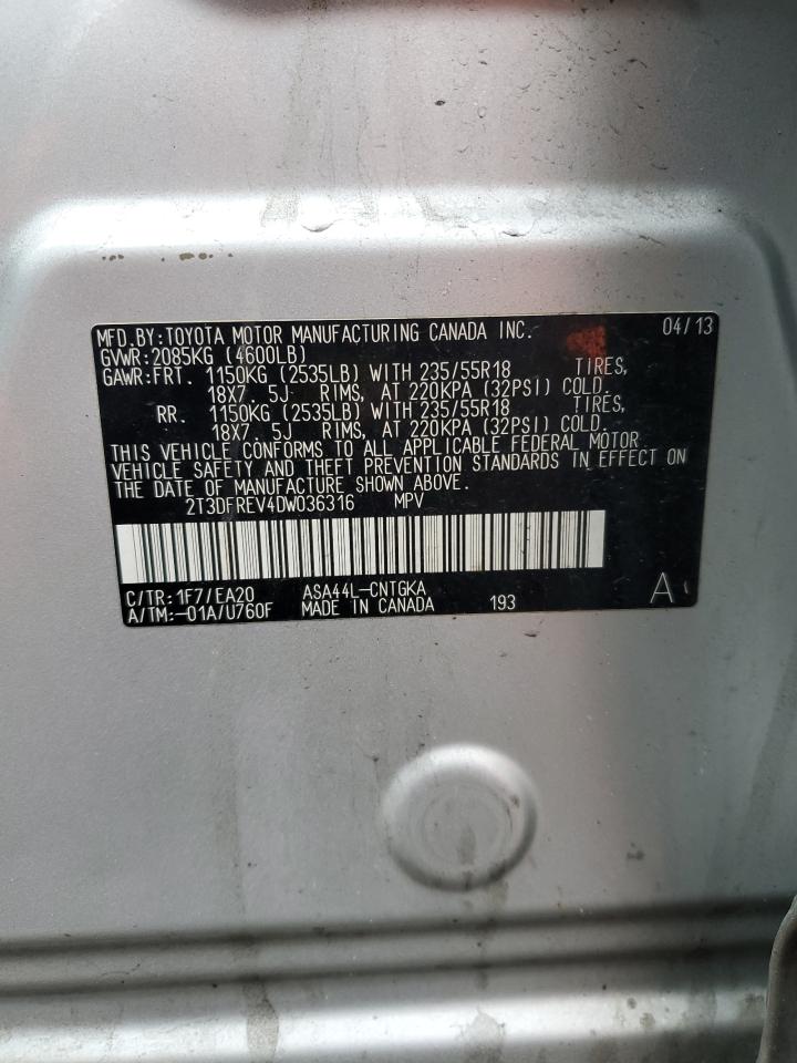2013 Toyota RAV 4 VIN 2T3DFREV4DW036316 Copart auction photo, front end / rear end damage thumbnail 15