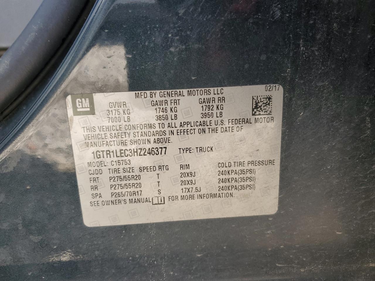 2017 GMC Sierra VIN 1GTR1LEC3HZ246377 Copart auction photo, front end / side damage thumbnail 12
