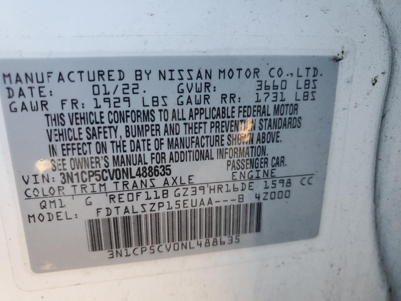 2022 Nissan Kicks VIN 3N1CP5CV0NL488635 Copart auction photo, front end damage thumbnail 14
