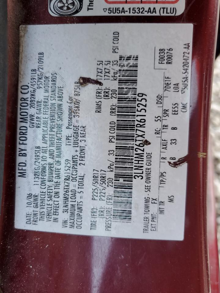2007 Lincoln MKZ VIN 3LNHM26TX7R615259 Copart auction photo, frame damage damage thumbnail 12