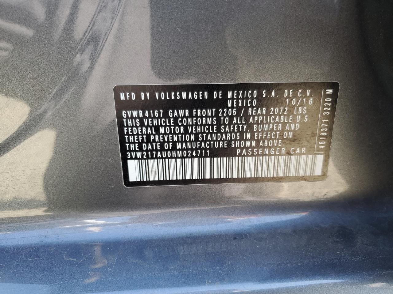 2017 Volkswagen Golf VIN 3VW217AU0HM024711 Copart auction photo, side / front end damage thumbnail 13