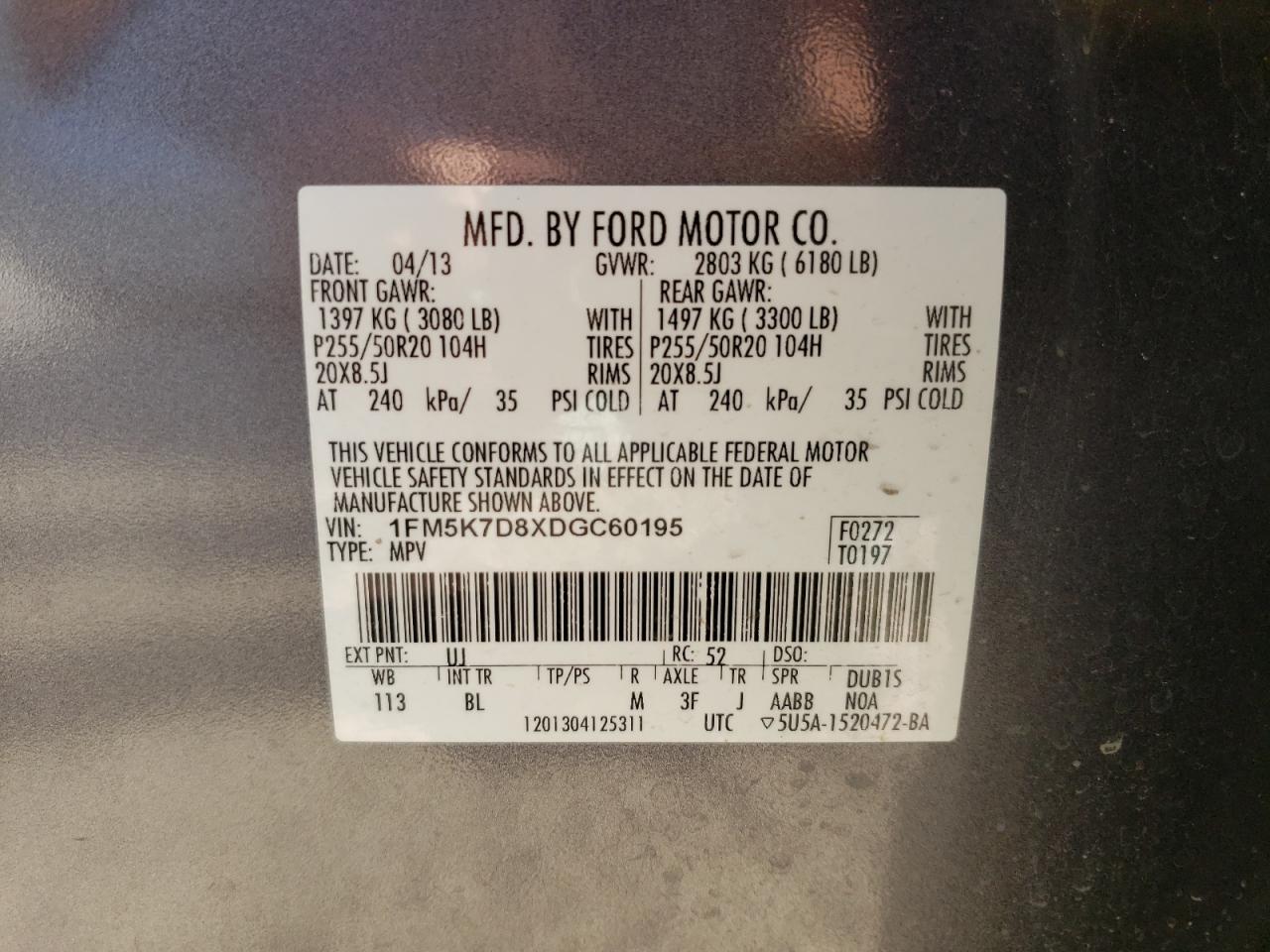 2013 Ford Explorer VIN 1FM5K7D8XDGC60195 Copart auction photo, rear end / side damage thumbnail 14