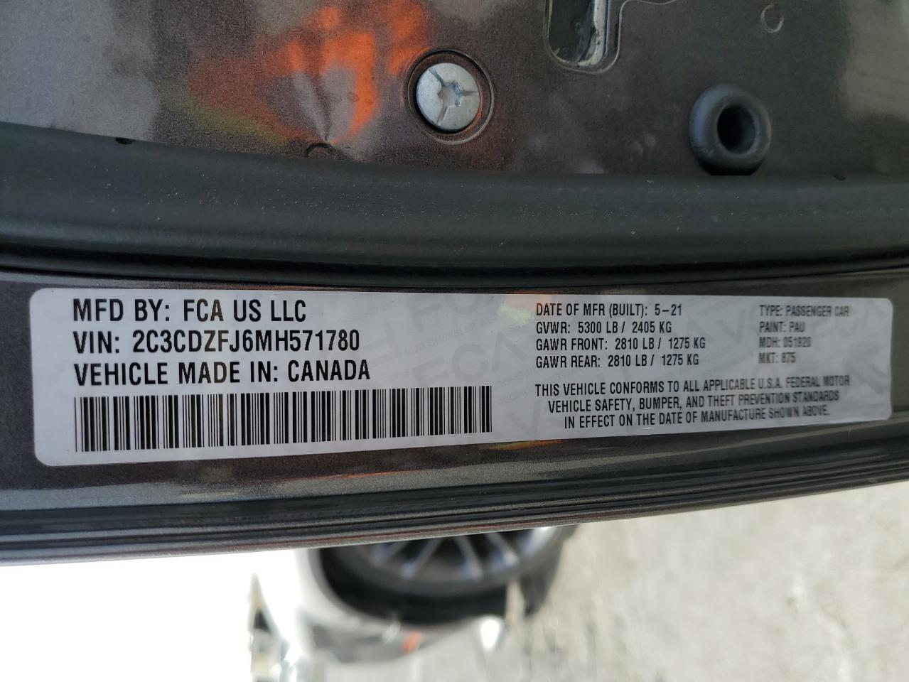 2021 Dodge Challenger VIN 2C3CDZFJ6MH571780 Copart auction photo, front end / undercarriage damage thumbnail 12