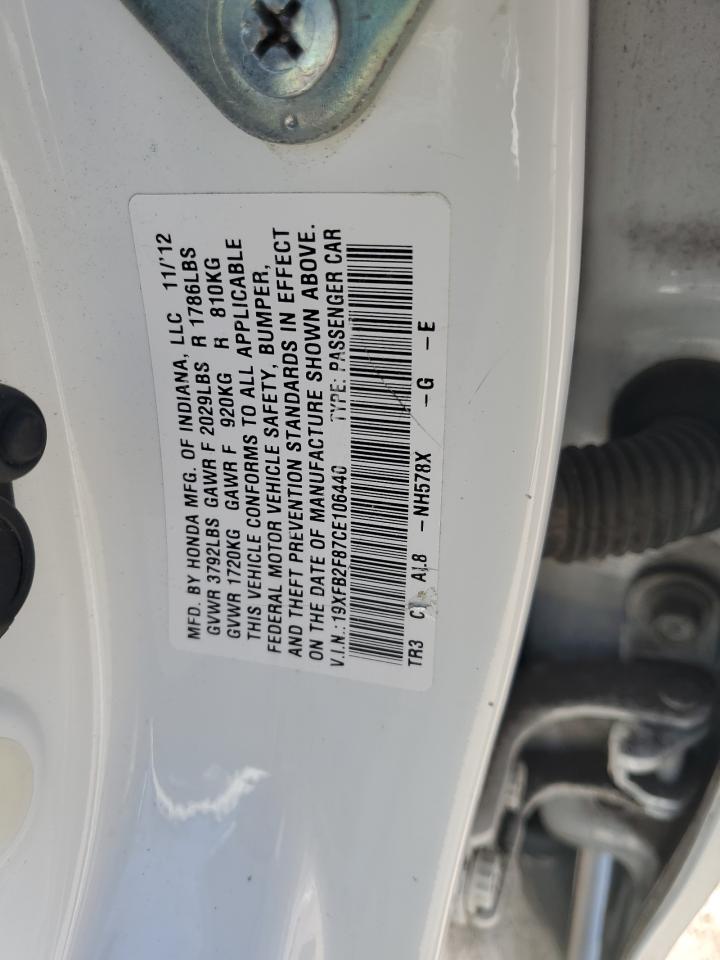 2012 Honda Civic VIN 19XFB2F87CE106440 Copart auction photo, front end damage thumbnail 12