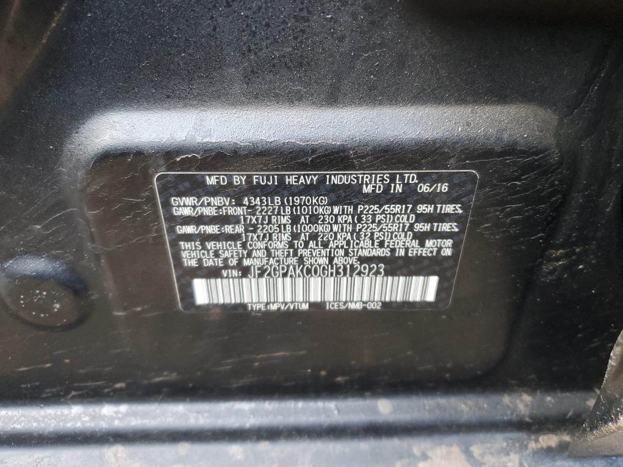 2016 Subaru XV VIN JF2GPAKC0GH312923 Copart auction photo, rear end damage thumbnail 12