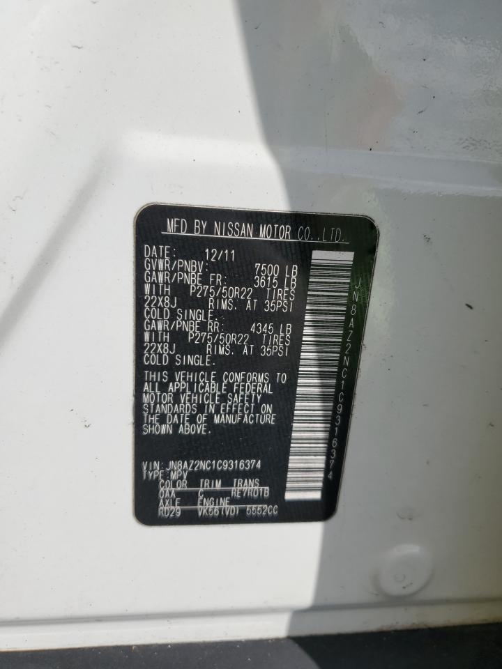 2012 Infiniti QX56 VIN JN8AZ2NC1C9316374 Copart auction photo, rear end damage thumbnail 13