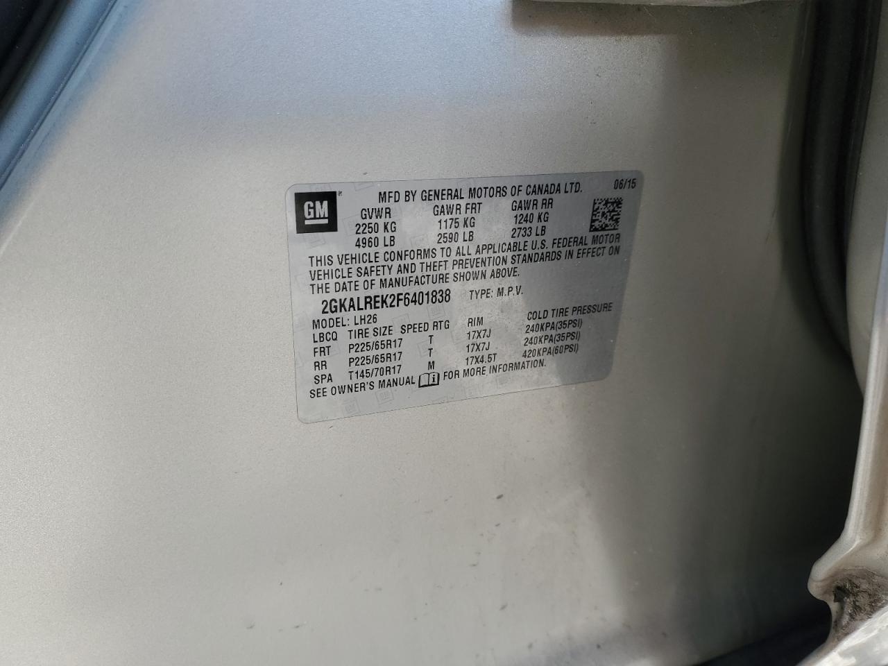 2015 GMC Terrain VIN 2GKALREK2F6401838 Copart auction photo, rear end damage thumbnail 13