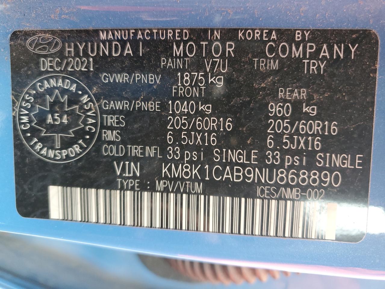 2022 Hyundai Kona VIN KM8K1CAB9NU868890 Copart auction photo, front end / minor dent/scratches damage thumbnail 13
